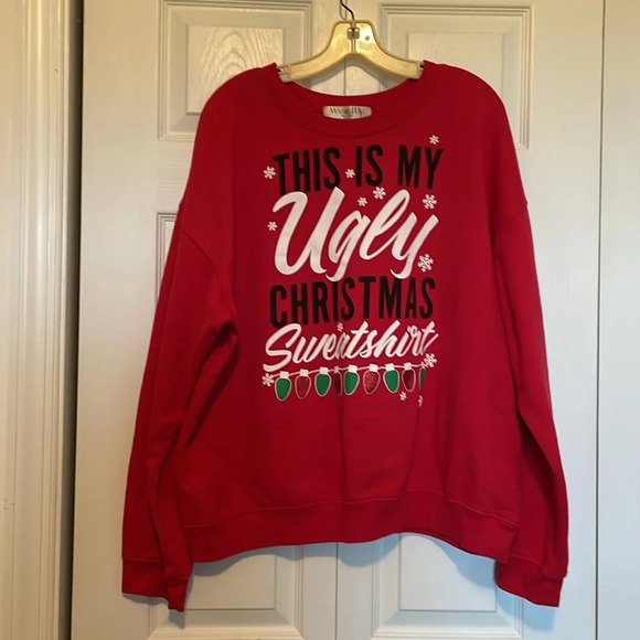 Ugly Xmas XXXL sweatshirt. Red soft string lights snowflakes crew neck banded - Picture 2 of 9